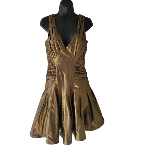 Tadashi Collection Metallic Olive Green Gold Taffeta Silk Fit & Flare US 6 - Picture 11 of 12